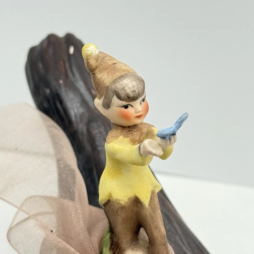 Vtg 50s Ceramic Girl Garden Pixie Elf On Log w/ Butterfly Kitschy Mid Century